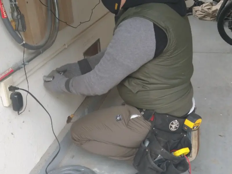 Electrician performing outlet wiring in a Guadalupe garage